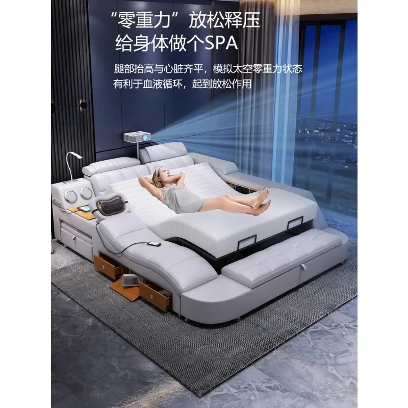 Multi functional intelligent bed with electric lifting adjustment, leather king size bed, modern and simple massage,tatami