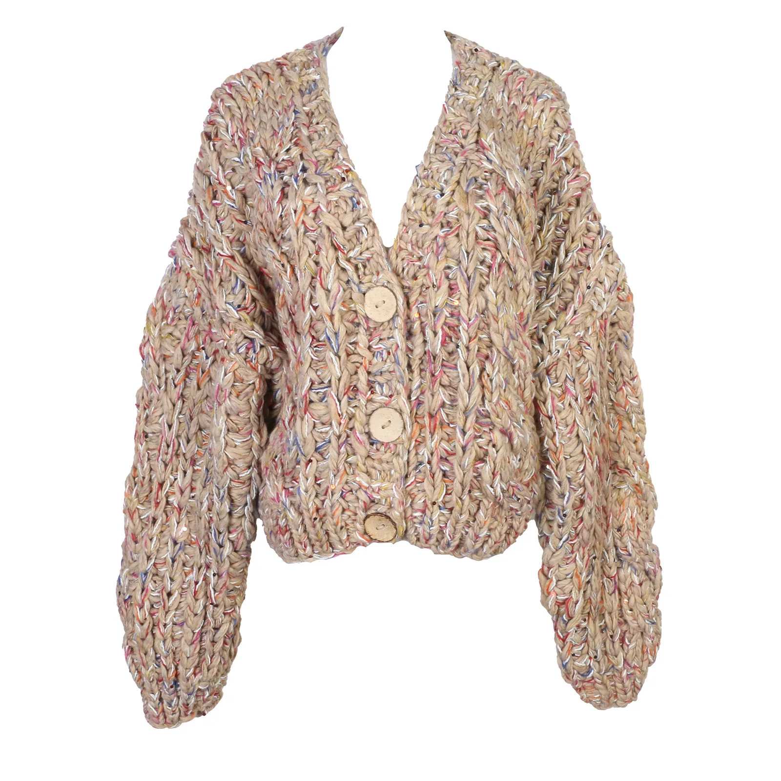 

Ladies' Lazy Knitted Sweater V-Neck Soft Plump Loose Fit Autumn Winter New Style Commute Style Woolen Coat with Lantern Sleeves