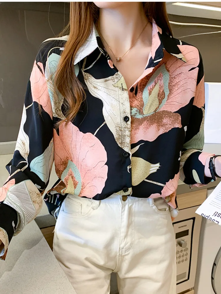 #3124 Spring Vintage Printed Chiffon Shirts Women Loose Floral Printed Shirt Blouse Femme Long Sleeve Womens Tops And Blouses