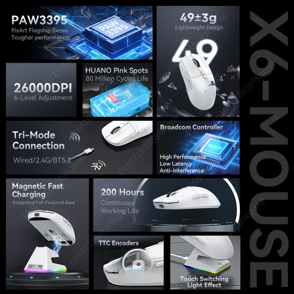 Attack Shark X6 ماوس ألعاب لاسلكي ، جهاز استقبال 2.4G ، ماوس بصري ، 26000 ديسيبل متوحد الخواص ، PAW3395 ، متوافق مع بلوتوث ، كمبيوتر محمول ماك بوك