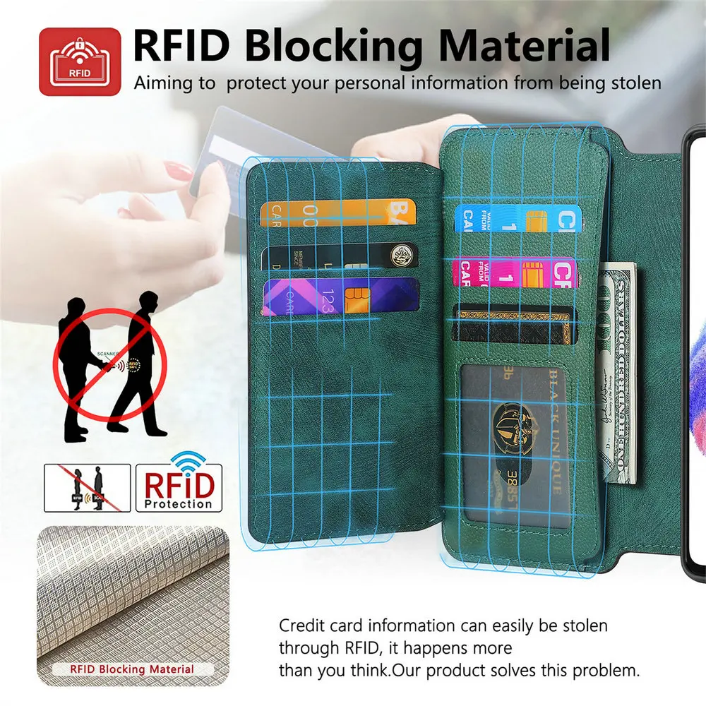 Luksusowe etui RFID ze skóry na karty do Xiaomi Redmi Note 17 Pro Max 15 14 13 Pro Plus 5G 4G, odpinany portfel z zamkiem błyskawicznym 2w1 — zdjęcie produktu 6