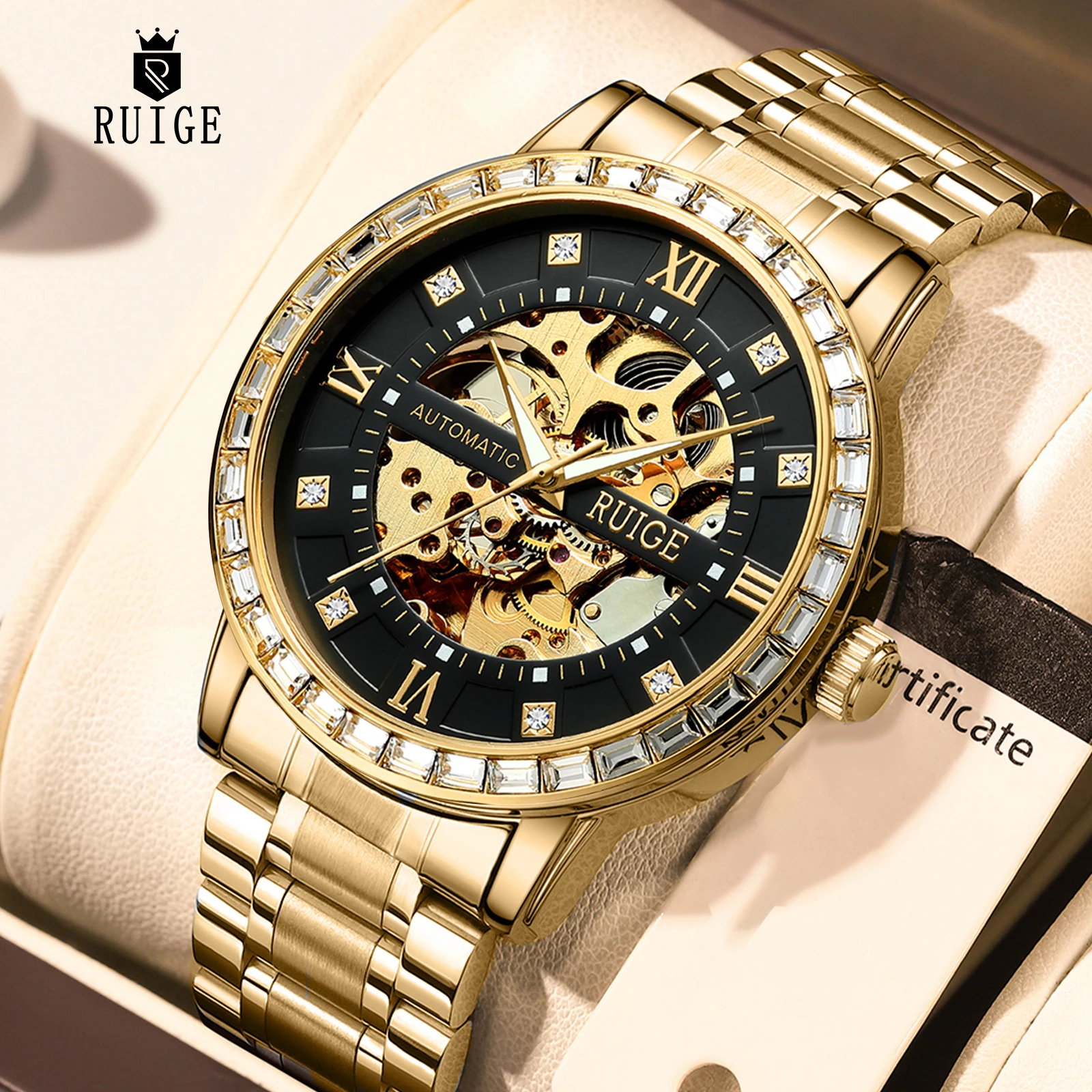 RUIGE New Fully Automatic Mechanical Watch Men's Hollow out Fashion Famous Watch Night Glow Waterproof Trendy Watch