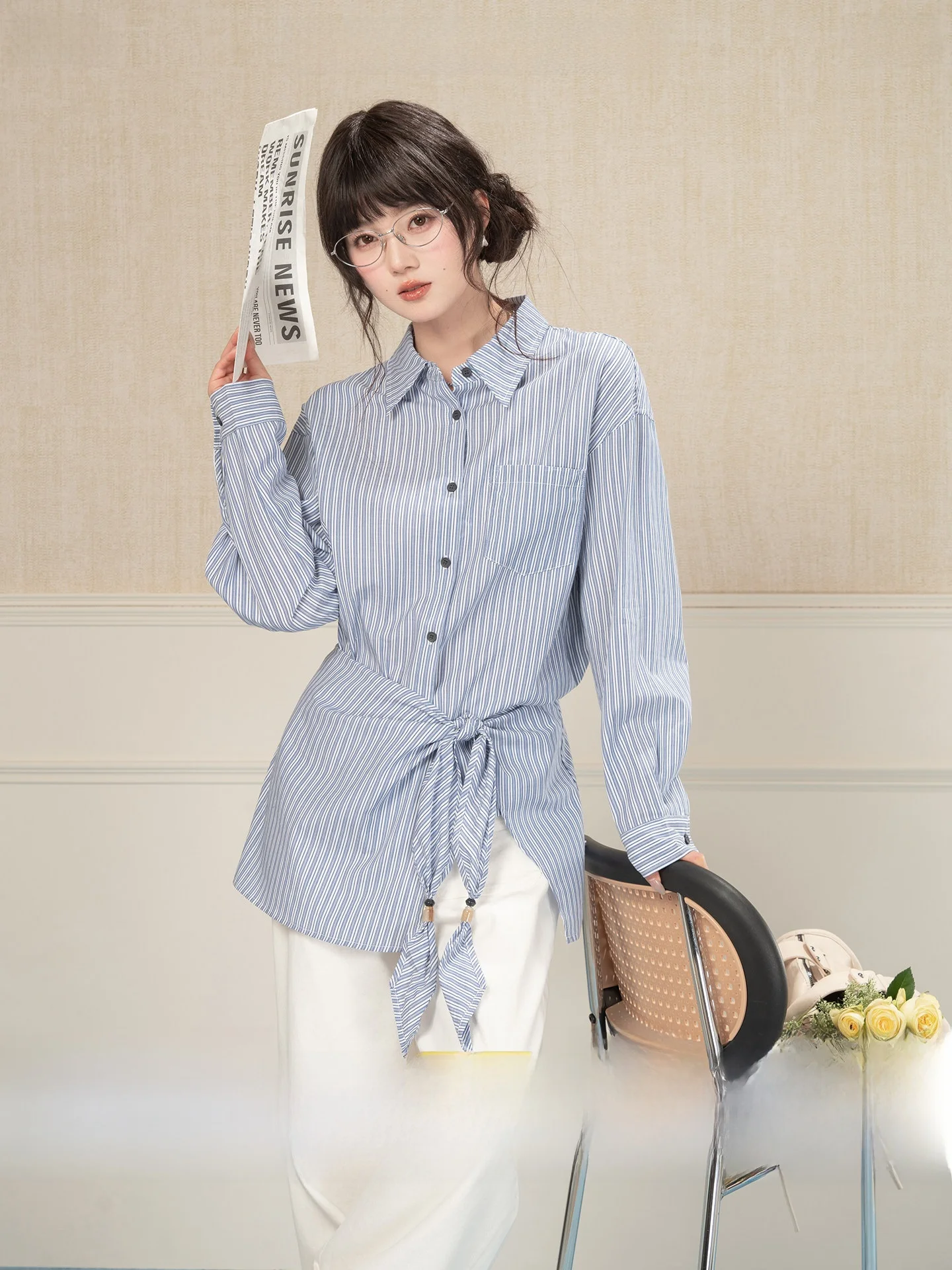 

Blue Striped Apron Design Women's Loose Shirt Spring New Style Cotton Casual Fashion College Style Long Sleeve Button up Top
