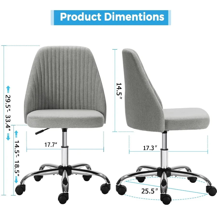 Armless Desk Chair with Wheels, Adjustable Swivel Fabric Makeup Chair, Comfortable Home Office Task Computer Chair, Gray