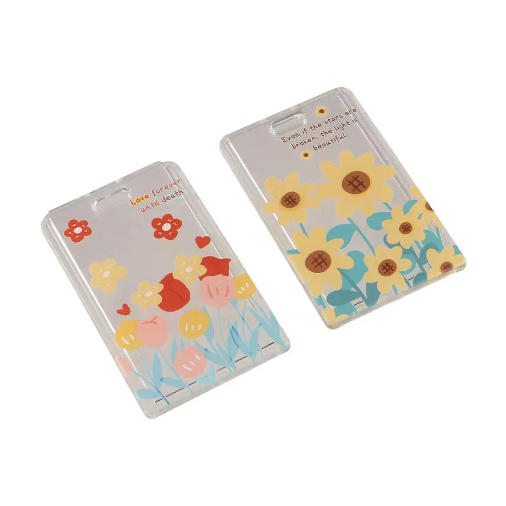 Hanging Neck Transparent Card Holder Keychain Sliding Closure Flower Card Case Double-sided Viewing Card Sleeve