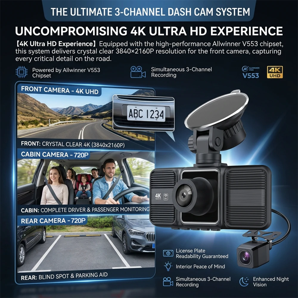 4K Dash Cam 3 Lens Driving Recorder WiFi Car DVR Front Inside Rear Triple Camera 2160P UHD Video Recorder 24H Parking Monitor