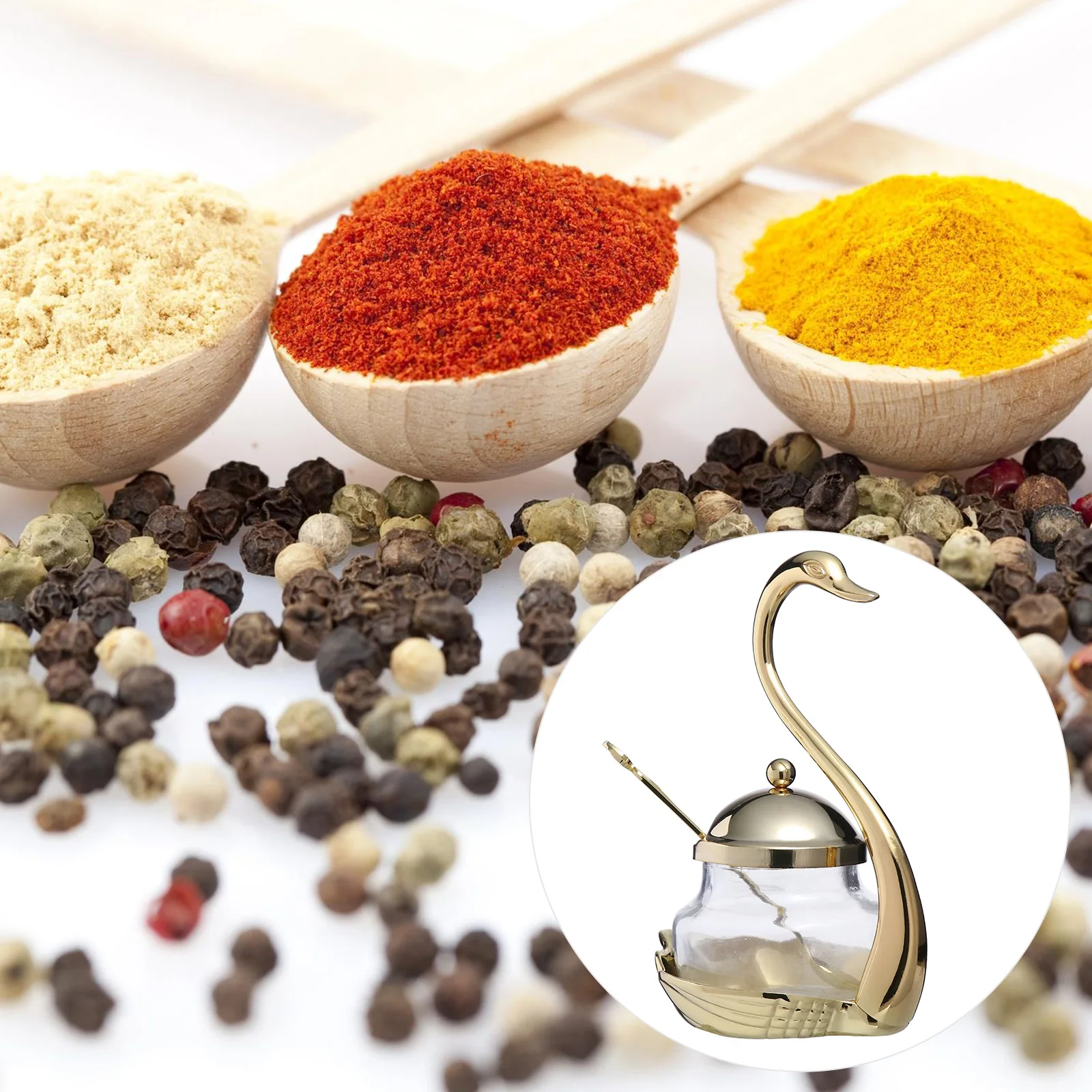 

1Pcs Swan Shaped Seasoning Jar Zinc Alloy Glass Kitchen Salt Sugar Spice Pot Condiment Container Spoon Condiment Pot