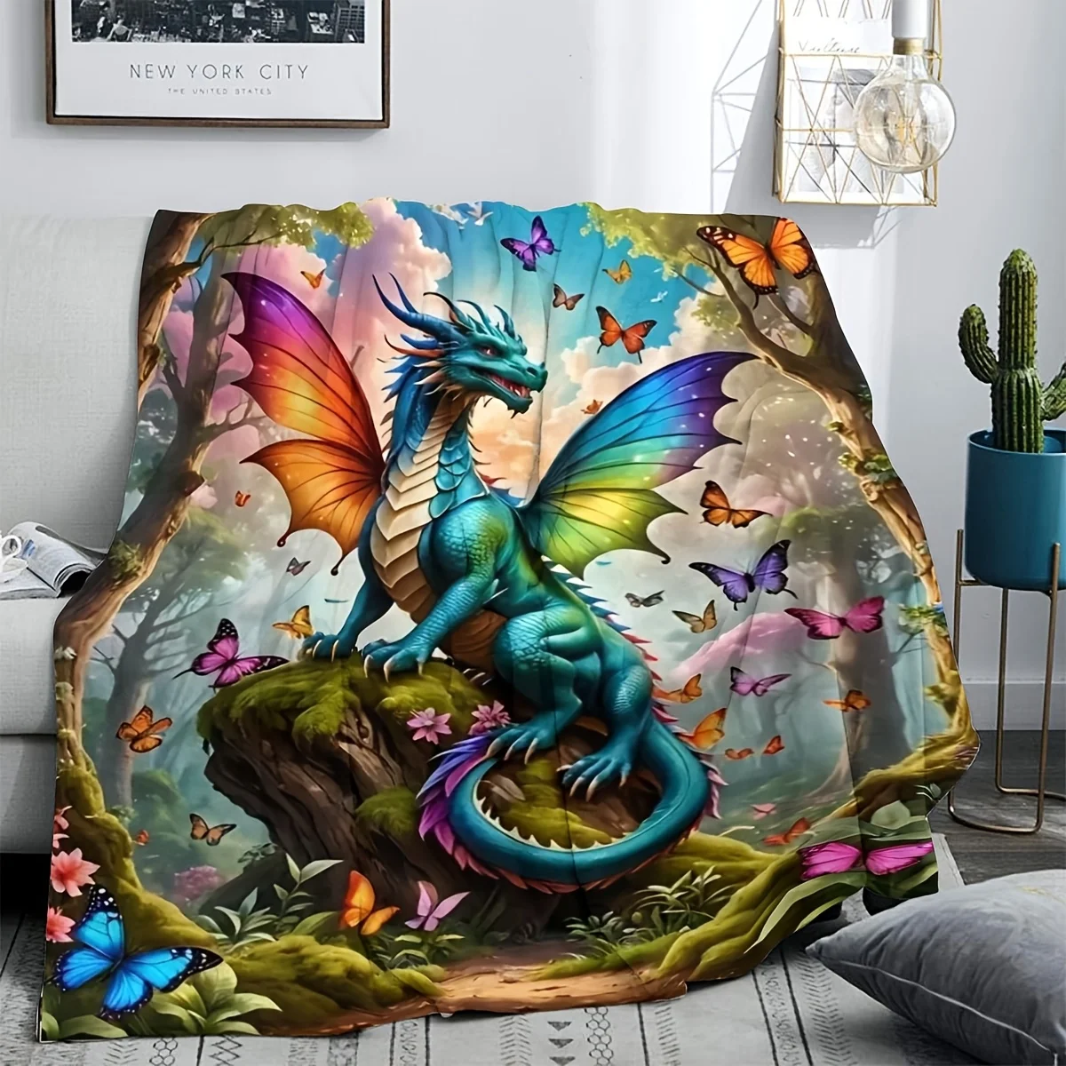 Vibrant Dragon Butterfly Fantasy Forest Print Cozy Throw Blanket for Kids Decor Gift