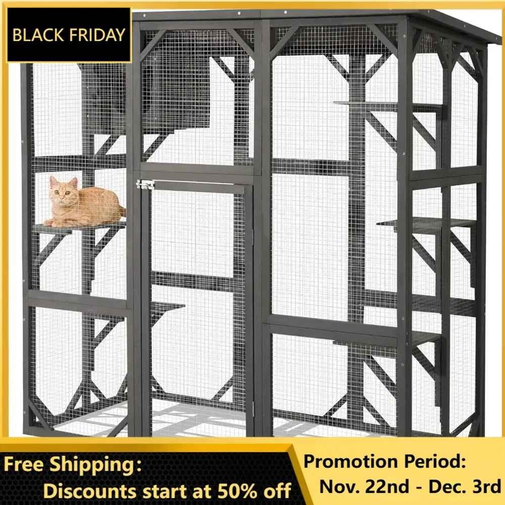 Large Outdoor Cat House, Wooden Cage with Weatherproof Large Run, Jumping Platforms for Play Catio Cats Patio with Large Entranc