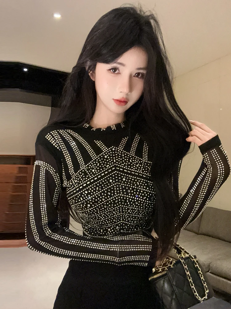 European American style heavy industry diamond inlaid mesh T-shirt top spicy women back perspective slim fit fashion shirt
