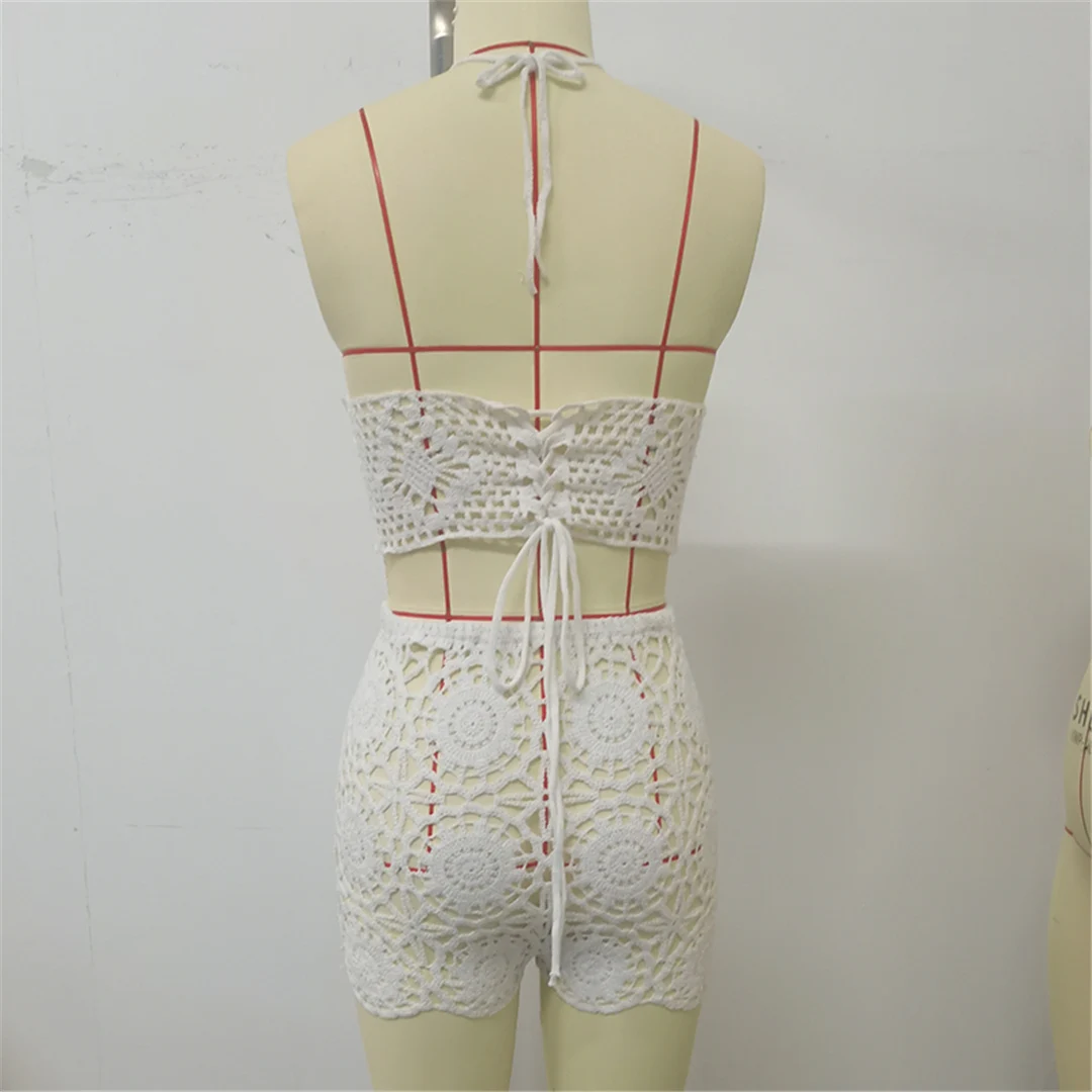 Halterneck, ausgehöhlt, gehäkelt, gestrickt, zweiteiliger Anzug, Strand-Überwurf, Strandshorts, Strandkleidung, Damenmode, V6524 – Detail 13