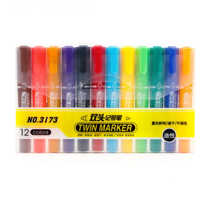 

Two Heads 12 Colors 12pcs Twin Marker Pens Permanent Oil ink Mark Pens Highlighters Office and School Supplies