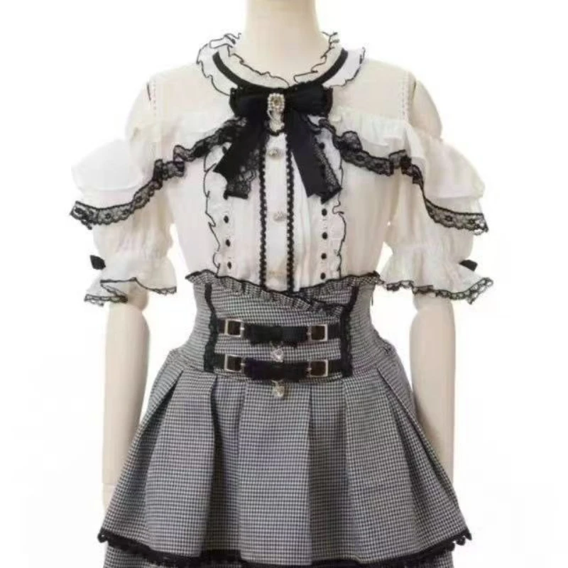 

Летняя японская готическая блузка в стиле Лолиты - милый топ с короткими рукавами Y2K и кружевными оборками с бантом, винтажные блузки в стиле панк для женщин