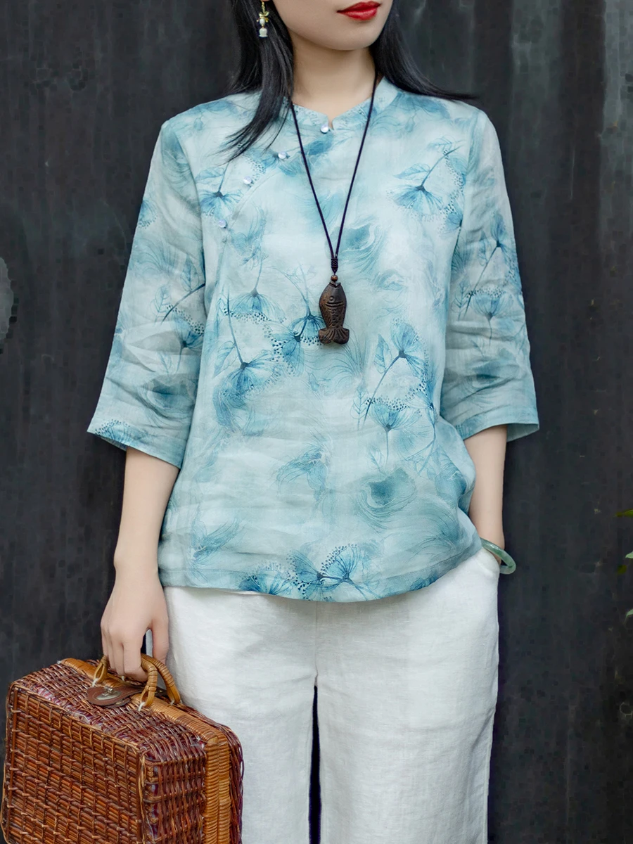 

New Chinese Sle Loose Fit irt Summer 2025 Women's Stand Collar Five Sve Loose Zen Spirit Top Jiangnan Mindfuln Clot...