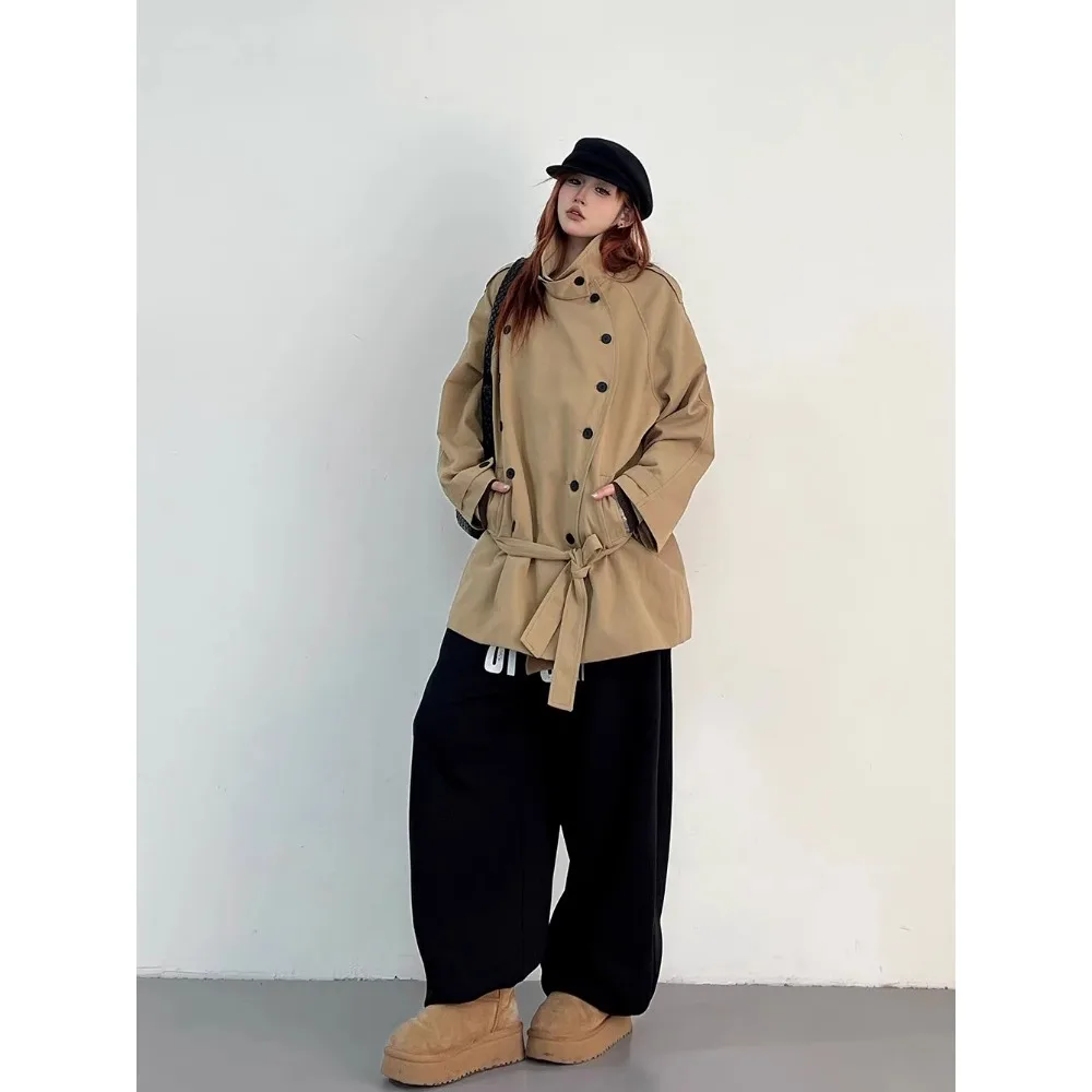 

SuperAen England-style Double-breasted Vintage Jackets for Women Waist Lace-up Short Casual Loose Stand-up Collar Coats