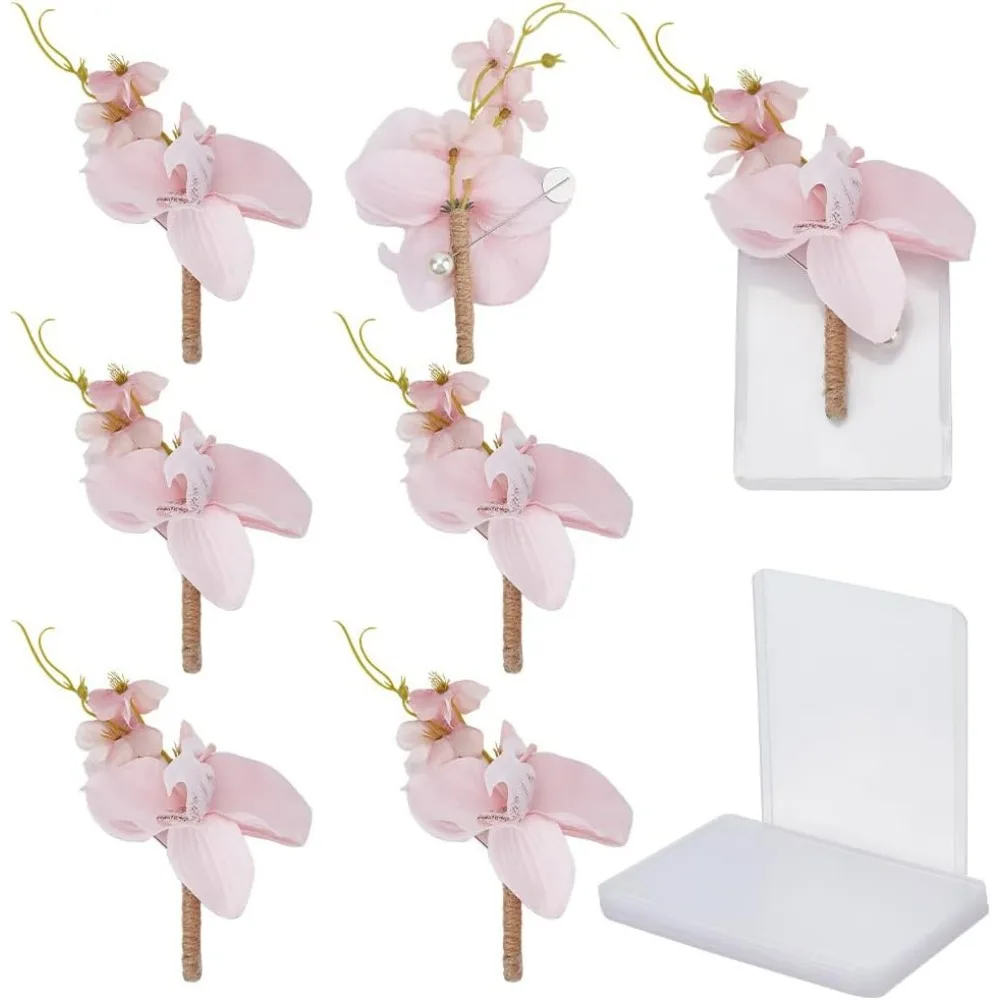 

6pcs Pink Wedding Boutonniere Pocket Elegant Flower Pocket Boutonnieres Silk Rose Groom's Boutonniere with 6 Plastic Sleeve