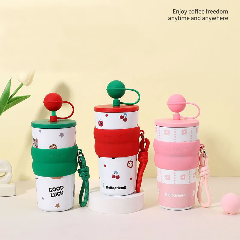 

550ml Thermos Cup With Straw And Cartoon Pattern for Students,Double-layer Stainless Steel Drinkware,Vacuum Flasks,Coffee MUG