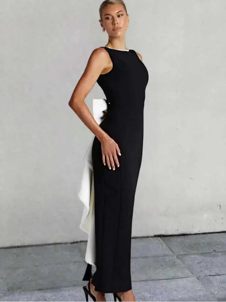 BabYoung パールリボンノースリーブバックレスセクシーなパーティー女性 2025 エレガントなサマードレスナイトクラブボディコンマキシロングドレス