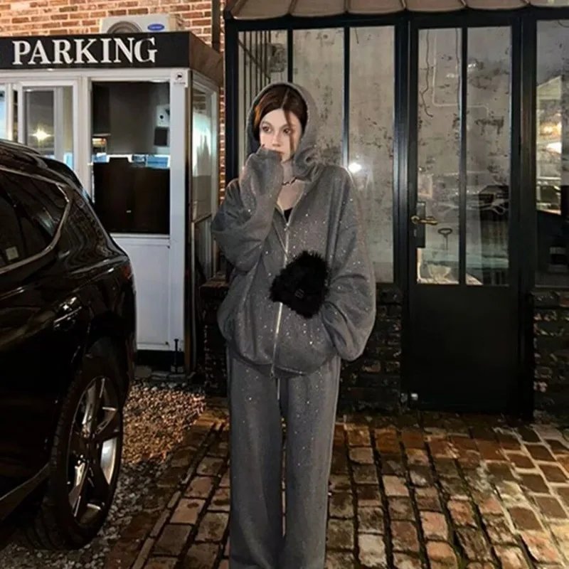 Women Autumn Winter Shimmer Hoodie Tracksuit Loose Casual Dark Grey Zip Up Sweatshirt Two Piece Leisure Outfit view 5