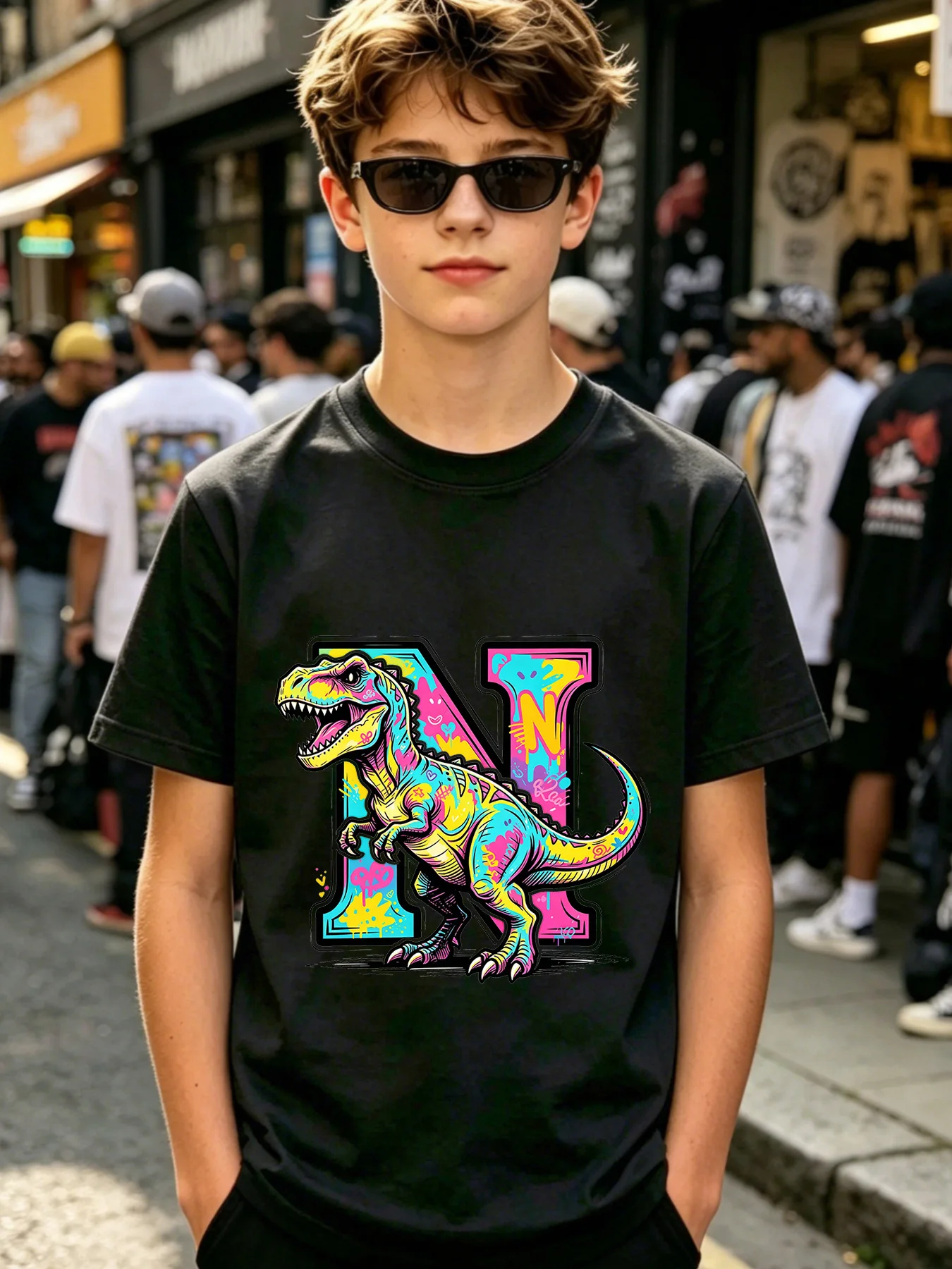 Colorful Graffiti Dinosaur Letter N Print Kids Short Sleeve Tees Hip Hop Casual Tops For Boys Youth Summer Daily Street Outfits
