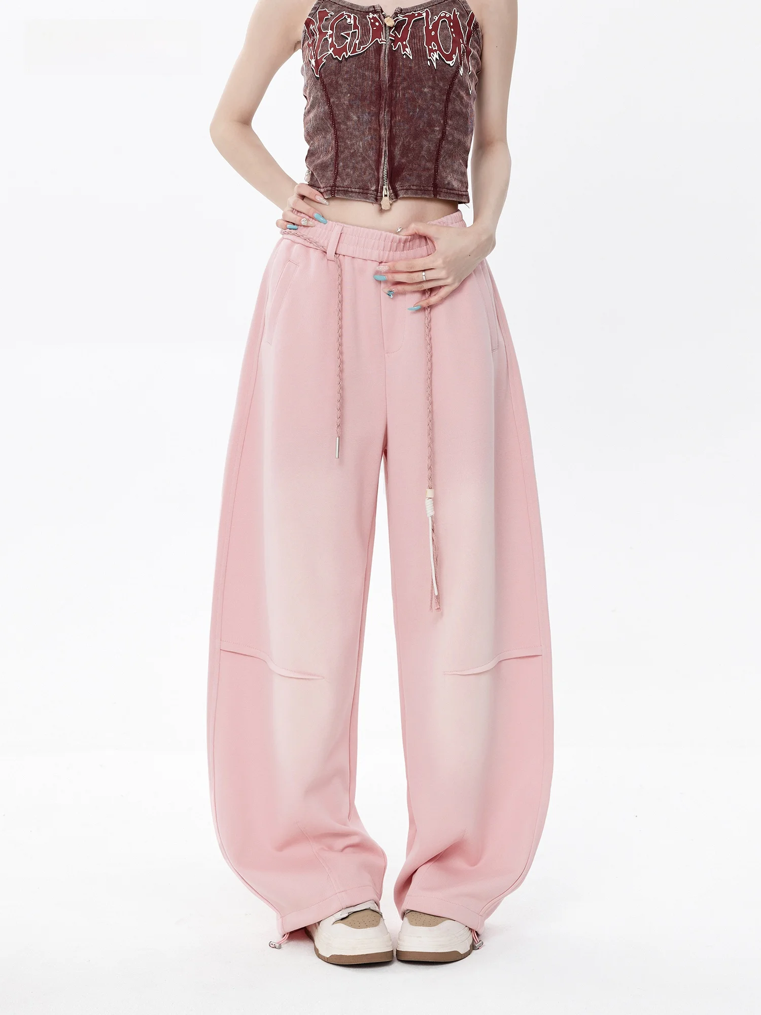 EDX American Style Casual Sports Pants Women's Spring Sweatpants Pink Dancing Drape Wide Leg 2026 New Elastic Street Style