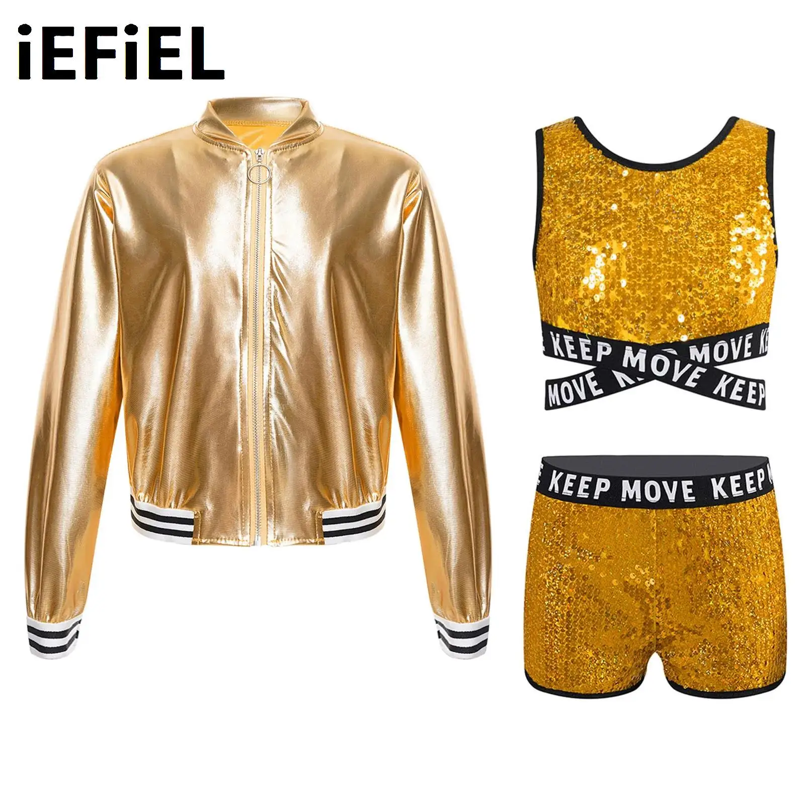 

Kids Girls Metallic Sequins Dance Outfit Performance Costume Criss Cross Straps Bottom Crop Top with Shorts And Jacket