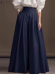 2025 ZANZEA Fashion Formal Trouser Vintage High Waisted Solid Pleating Pants Women Wide Leg Office Pantalons Casual Pockets Pant