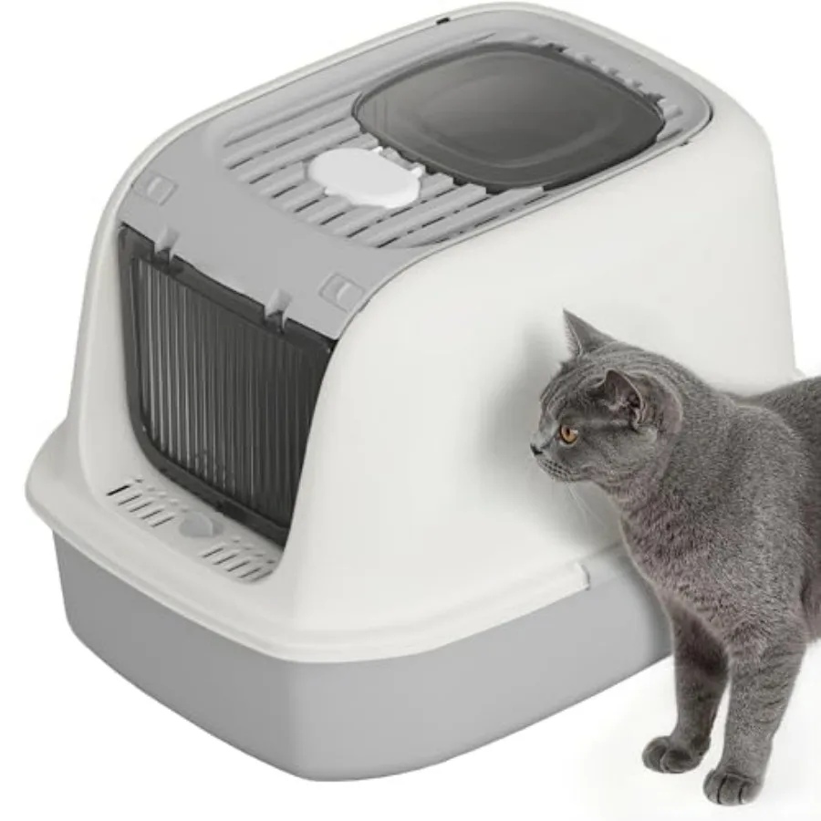 

Cat Litter Box with Scoop, Front Entry Covered Litter Box with Lid, Top Exit Kitty Litter Box, Easy to Clean Durable Plastic Li