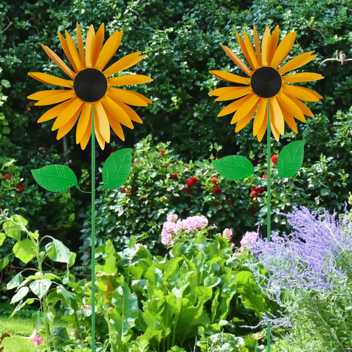 Sunflower Windmill Metal Rotating Sunflower Art Weather Vane Wooden Stake Vertical Lawn Windmill Outdoor Garden Decoration