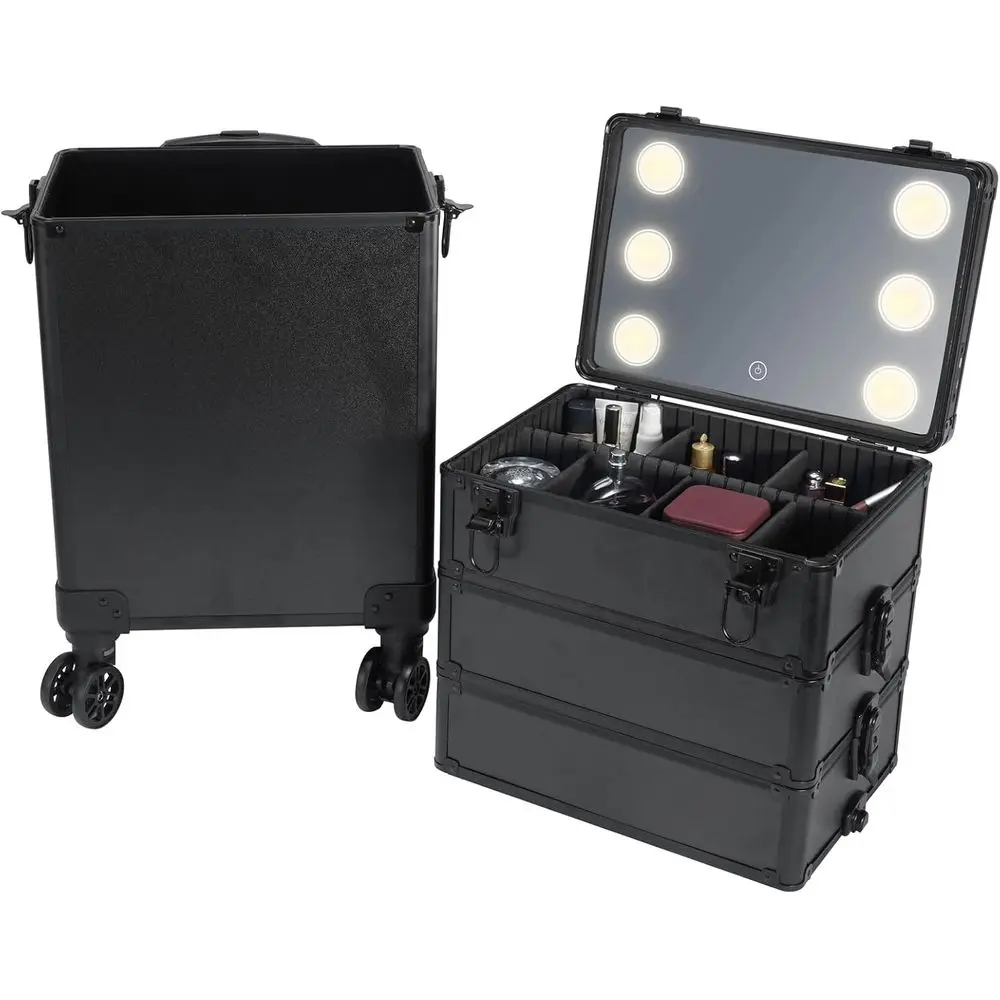 حقيبة تدريب مكياج 4 في 1 مع مرآة LED بثلاثة ألوان، منظم عربة دوارة لمحترفين التجميل، أسود