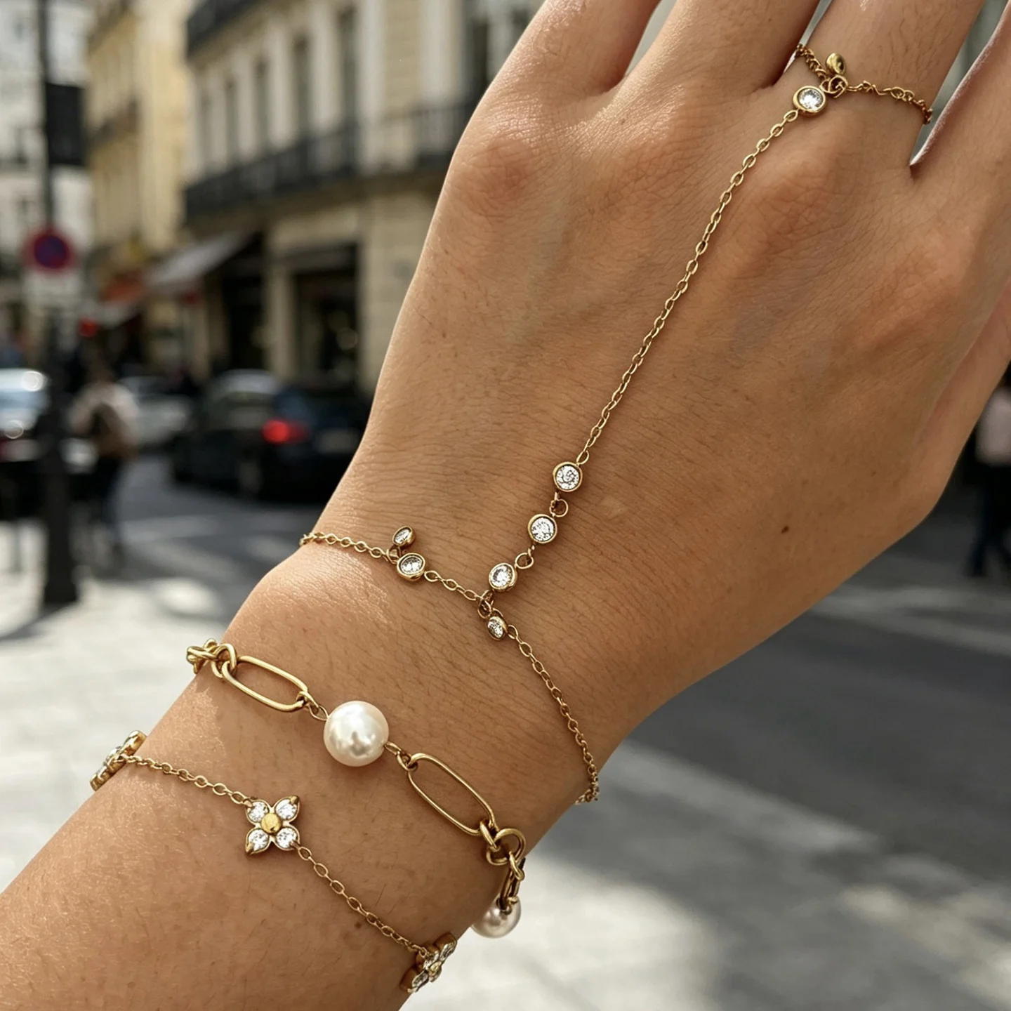 Dainty Crystal Flower Clover Hand Chain Connected Finger Ring Women Minimalist Link Chain Bracelet Bangle Stack Wrist Jewelry