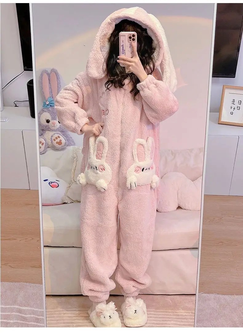 Coral Velvet Onesies Women Cute Rabbit Kigurumi Unicorn Preppy Cartoon Hooded Kawaii Thicker Winter Warm Cotton Pajamas Homewear