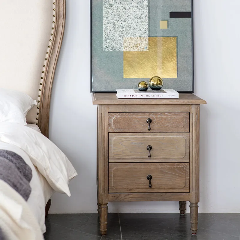 Solid wood three-draw oak bedside table Simple bedroom locker Carved bedside bedside table