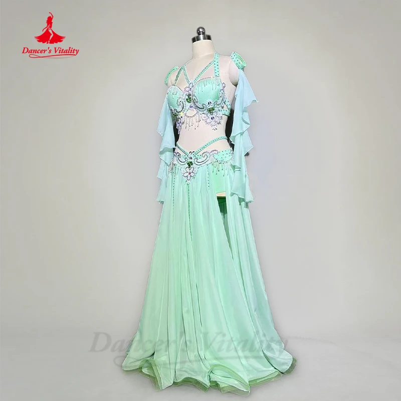 Belly Dance Performance Costume Suit for Women Children Customsized Bra+long Skirt+sleeves 4pcs Oriental Belly Dancing Wear Suit