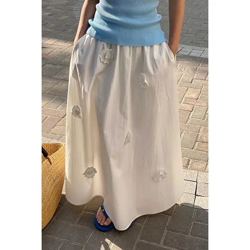 

Handmade Flower-decorated A-shaped Long Dress, Spring and Summer New Fashion Temperament Skirt