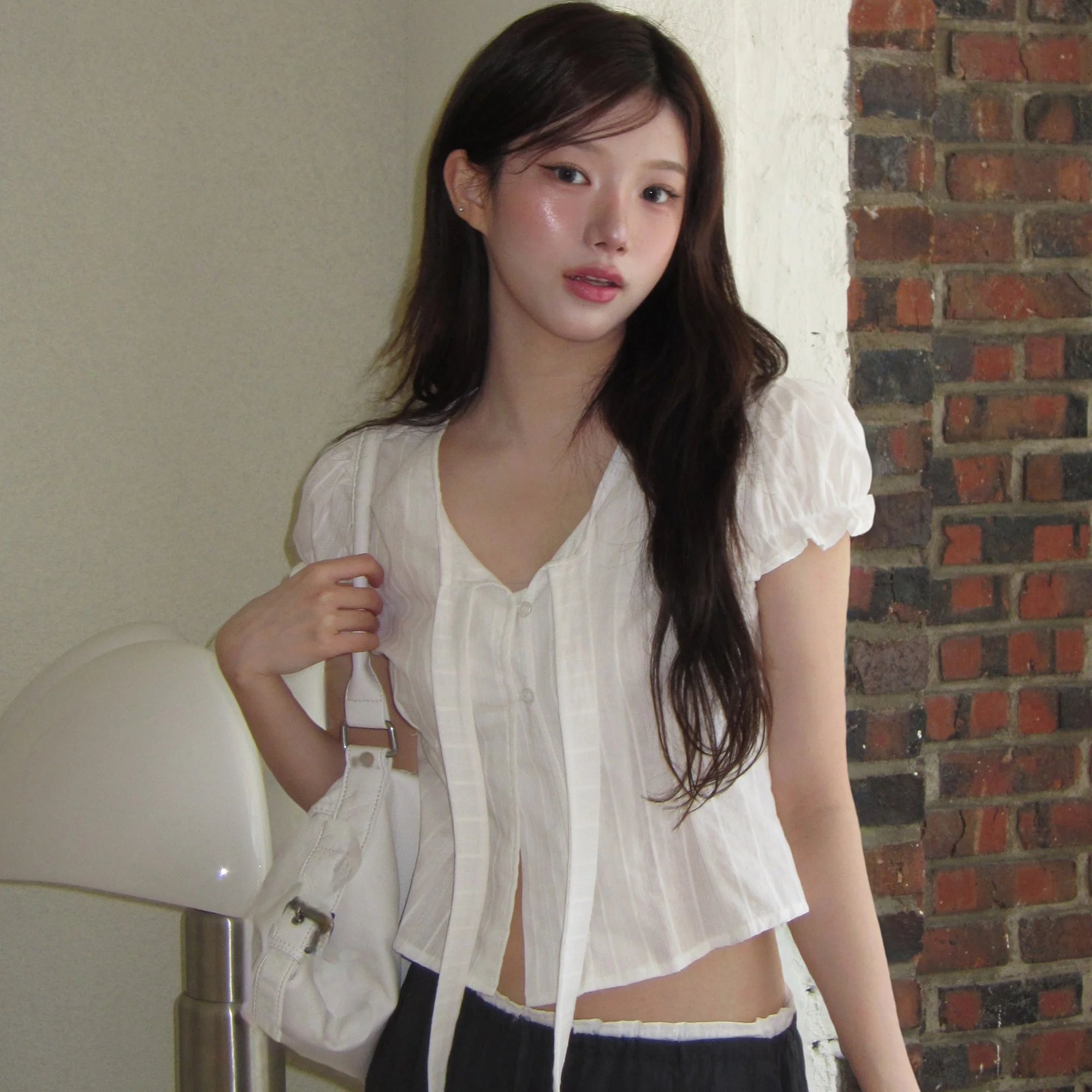 Coreano Sle Chic Simple elegancia irt mujer Faion Bubble Sve suave Sle tamaño pequeño corbata ort Top v-ne ort Sve