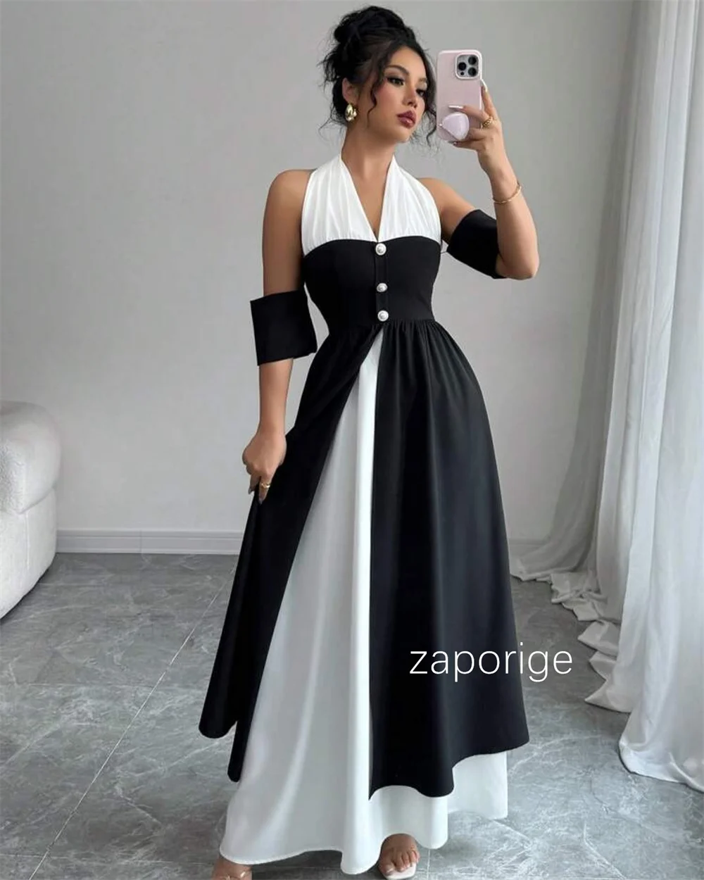 Abiti midi con scollo all'americana a trapezio con bottoni a pieghe abbinati personalizzati Occasioni su misura Pastrol squisito di alta qualità