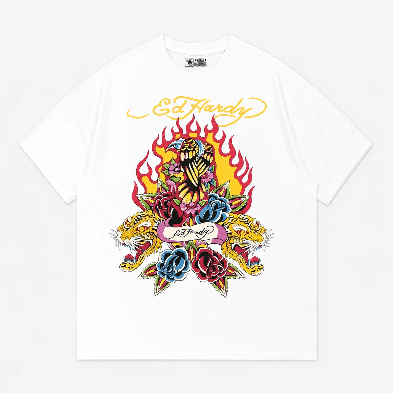 Ed Hardy Eagle Twin Tiger Heads Roses Flame Banner Print T Shirt Unisex Loose Oversized Harajuku Streetwear Cotton Summer