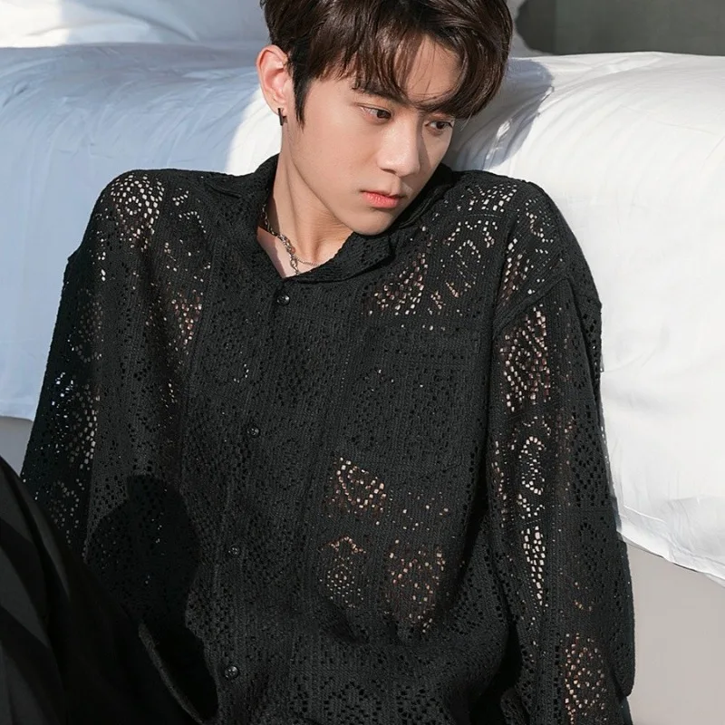 Hollow flower shirt men's long-sleeved design sense niche autumn new couple loose thin casual shirt