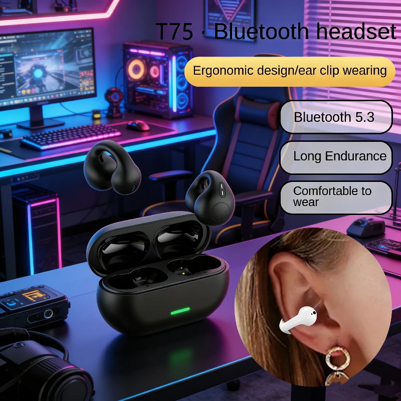 T75 fone fone de ouvido bluetooth 5.3 sem fio fones clipe ouvido música cancelamento ruído hd chamada esportes jogos fone