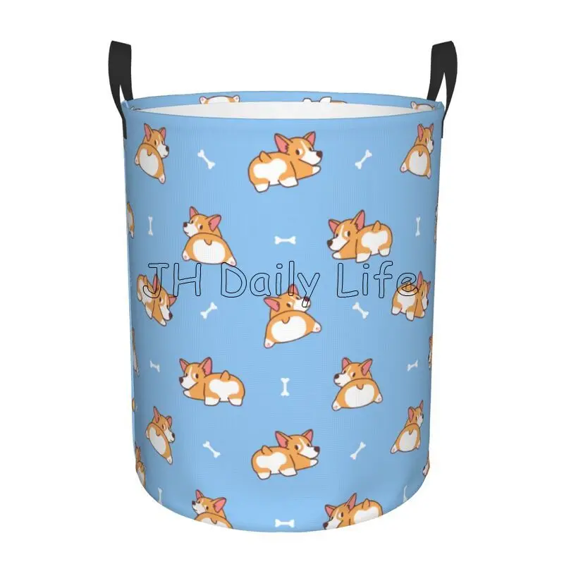 Cute Corgi Round Laundry Basket Large Capacity Cloth Hamper Storage Basket Oxford Toys storage Organizer for Home Dorm Decor