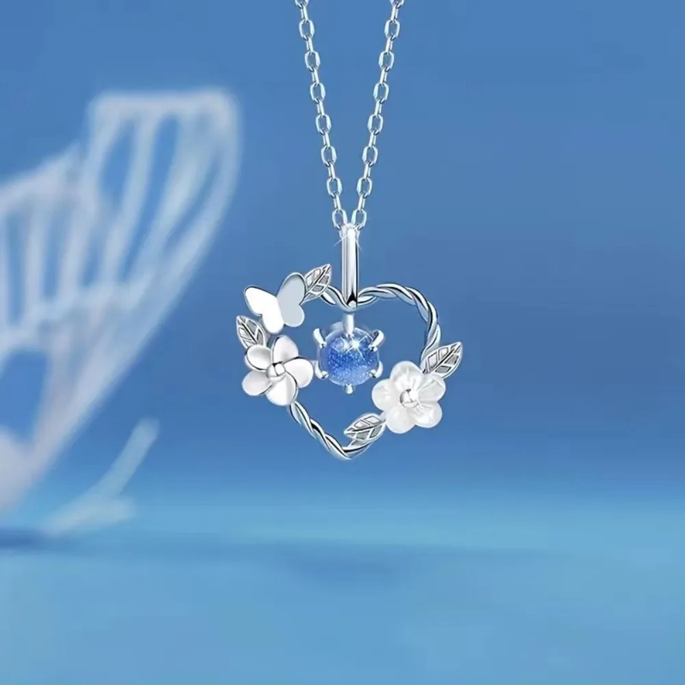 

Silver Hollow Heart Pendant Necklace, Flower Butterfly Inlaid Blue Cubic Zirconia Dainty Romantic Choker Necklace for Women