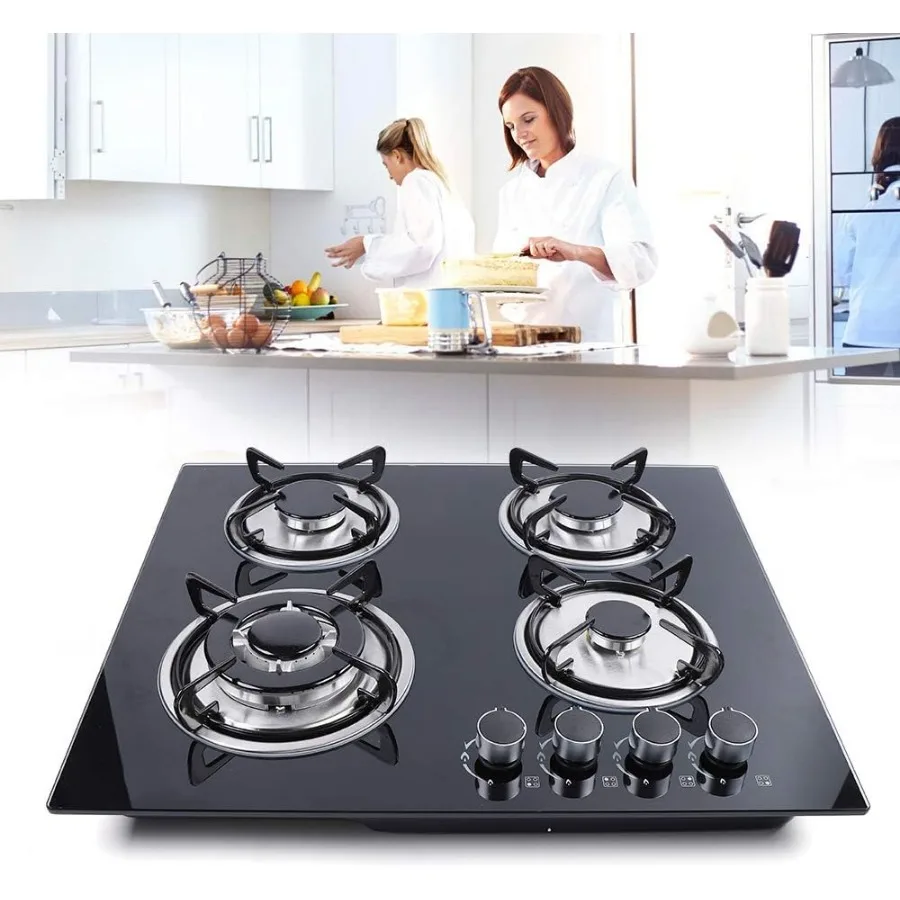 

4 Burners Drop-In Gas Cooktop with Tempered Glass Surface for Kitchen Use Includes NG/LPG Conversion Kit Flame-Out Protection S