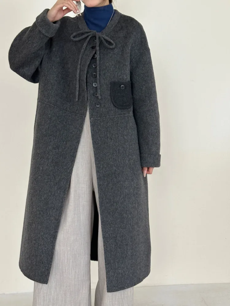 ZMEENNA femmes gris anthracite laine mélange Long manteau col montant cravate détail chaud formel mode usage quotidien surdimensionné ZM3481