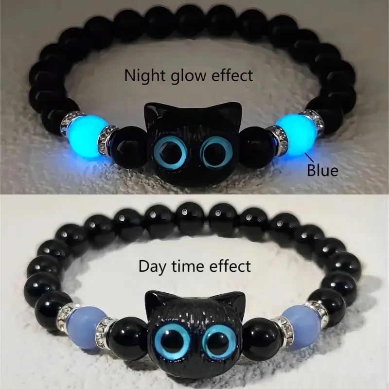 Cute Big Eye Cat Luminous Bracelets For Women Cartoon Animal Pendant Beaded Hand Chain Friendship Couple Bracelet Jewelry Gift