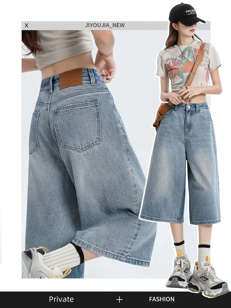 Summer Women Pants Loose Plus Size Straight Pants Lady Retro Wide Leg Cropped Jeans Girls New Pear Figure Hide Body Fat Jeans