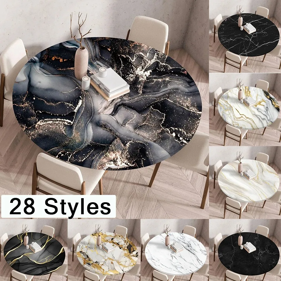 1PC Elastic Marble Print Waterproof Round Tablecloth - Waterproof Table Cover for Dining Round Tables, Anti-Spill & Easy Clean