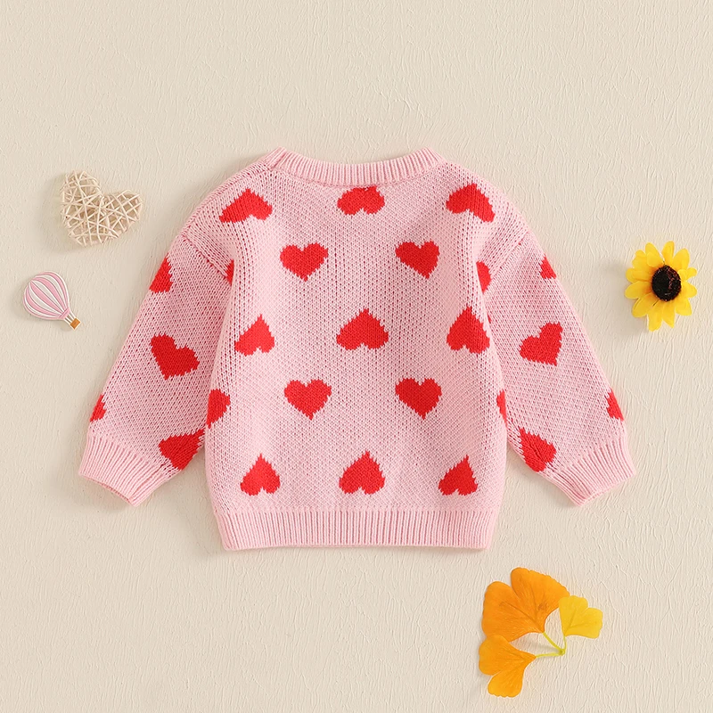 Valentine s Day Love Heart Pattern Knit Sweater Long Sleeve Crew Neck Pullover for Baby Girl with Embroidered Letters