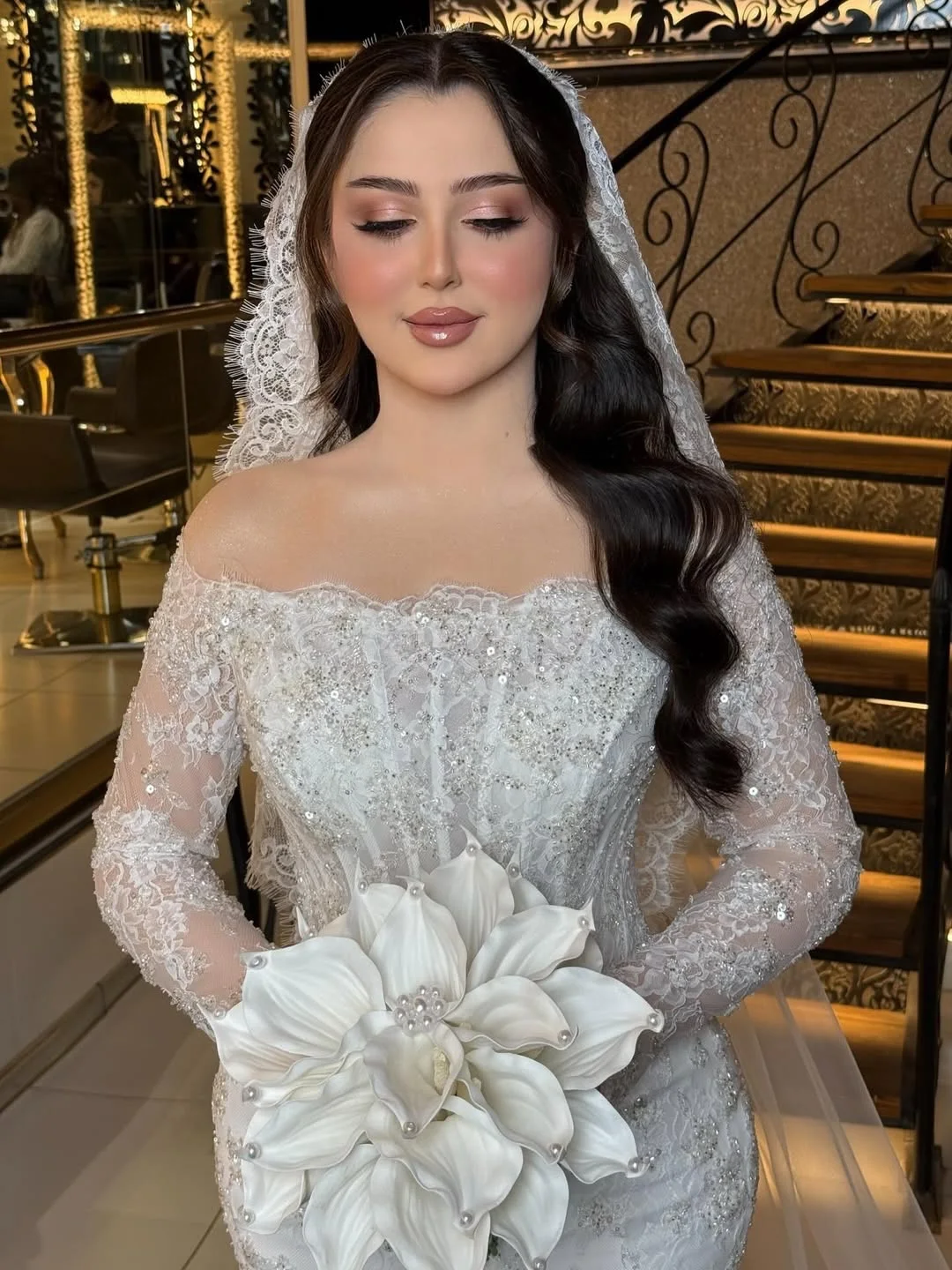 Elegant Lace Sparkling Mermaid Wedding Dress Off Shoulder Long Sleeve Bride Dress Romantic Wedding Party Dress Customized
