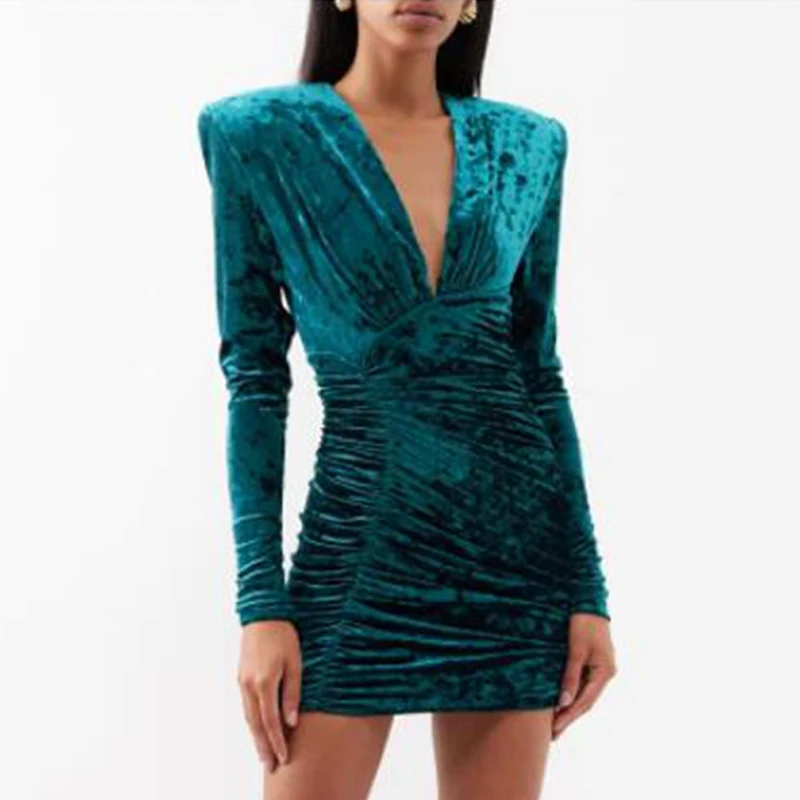 MSMUSI 2024 New Fashion Women Sexy Elegant V Neck Velvet Fold Long Sleeve Bodycon Party Club Event Slim Mini Dress Lady Vestidos